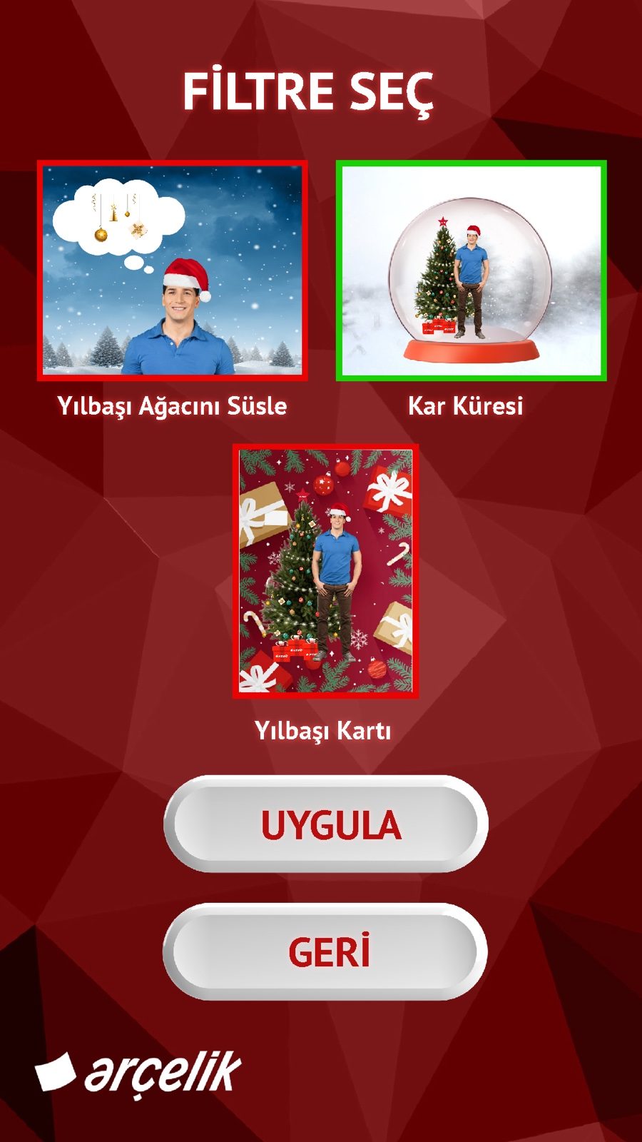 Arçelik photobooth makinesinin filtre seçim ekranı