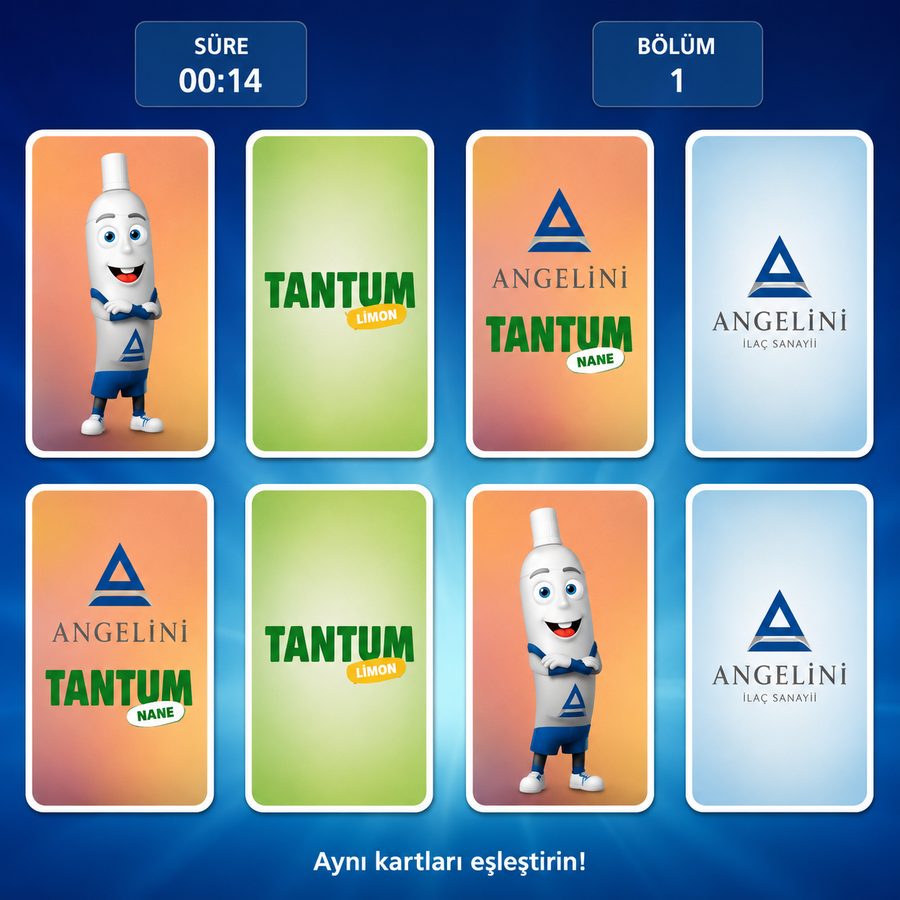 Angelini kart eşleştirme oyununun oyun ekranı